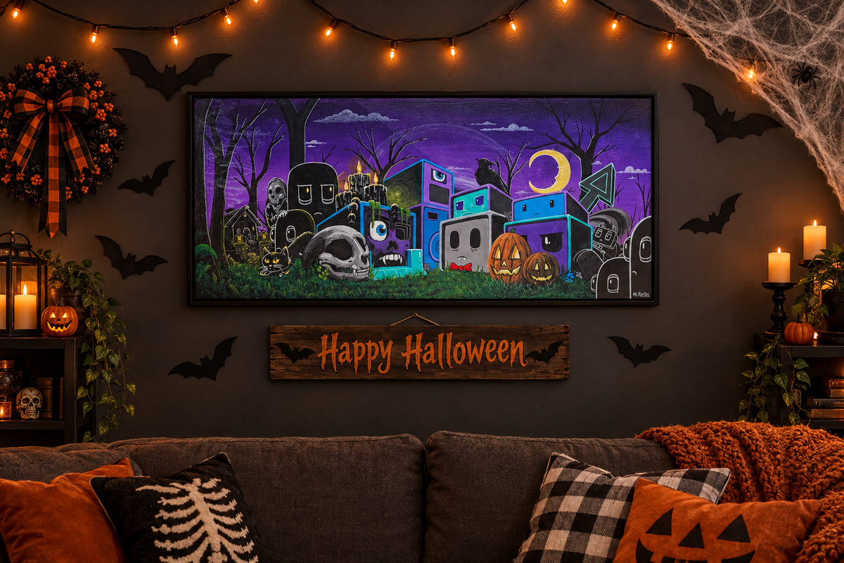 "Spooky Sound Town" Original Acrylic Painting, 35.5"x15.5"