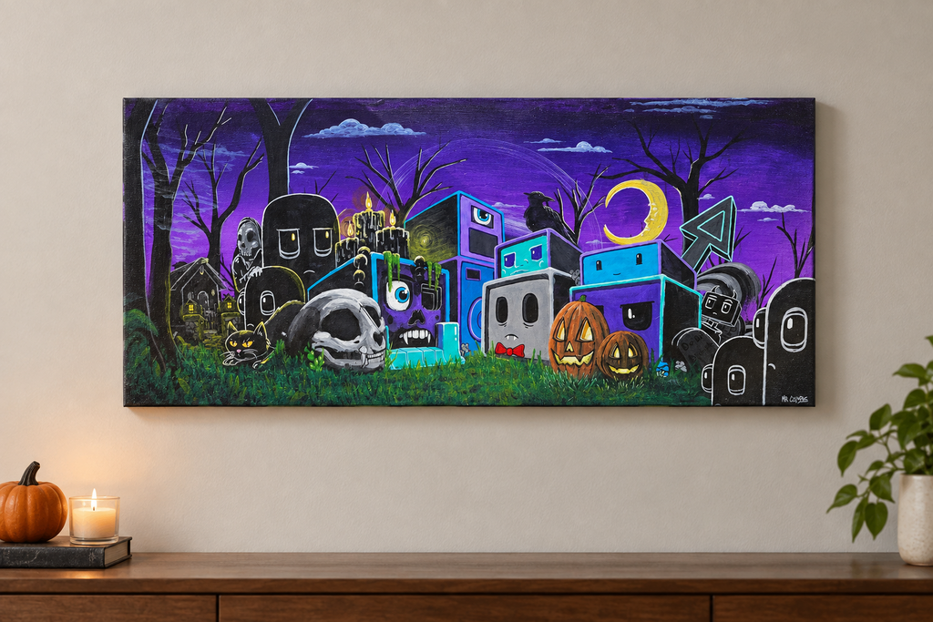 "Spooky Sound Town" Original Acrylic Painting, 35.5"x15.5"