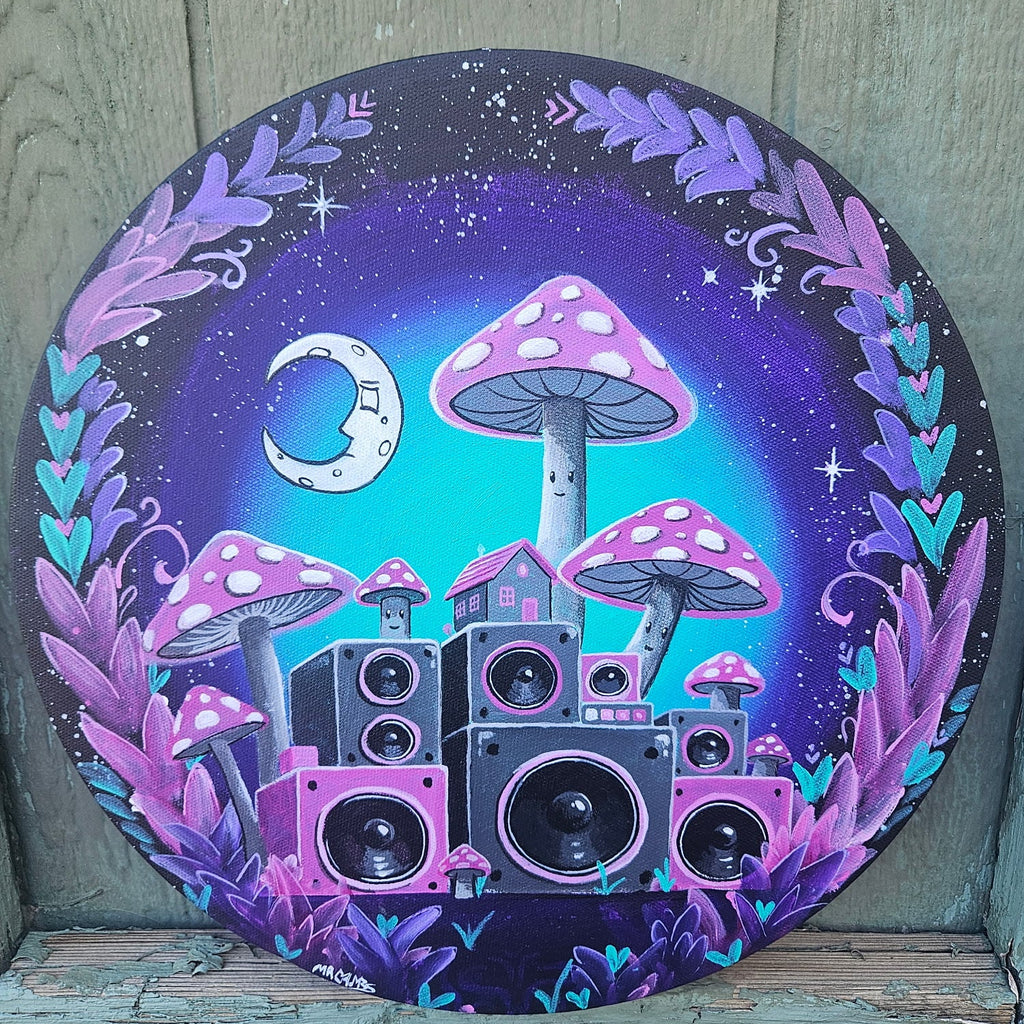 "Mushroom House" Original Acrylic Painting, 14" Round
