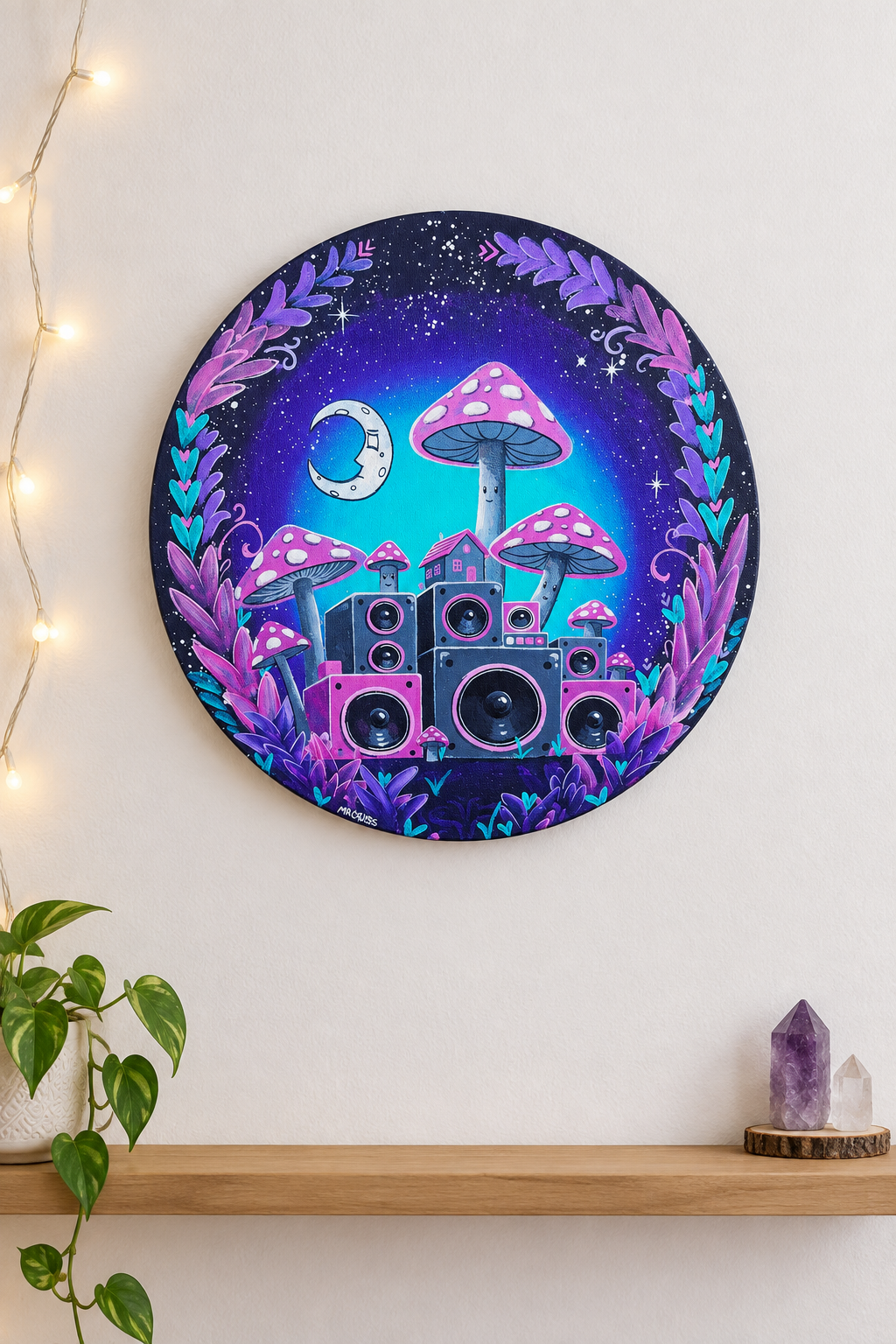 "Mushroom House" Original Acrylic Painting, 14" Round